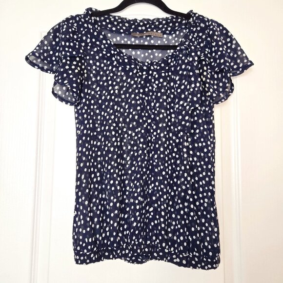 Y2K Zara Basic Dark Blue And White Polka Dot Blouse, S - Picture 1 of 7